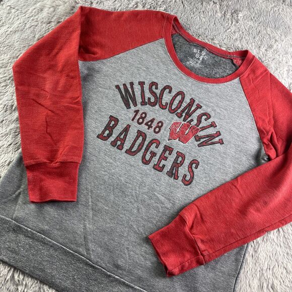 Wisconsin Badgers Sweatshirt Womens Large Gray Red Ringer Raglan Bucky Madison - Picture 1 of 7